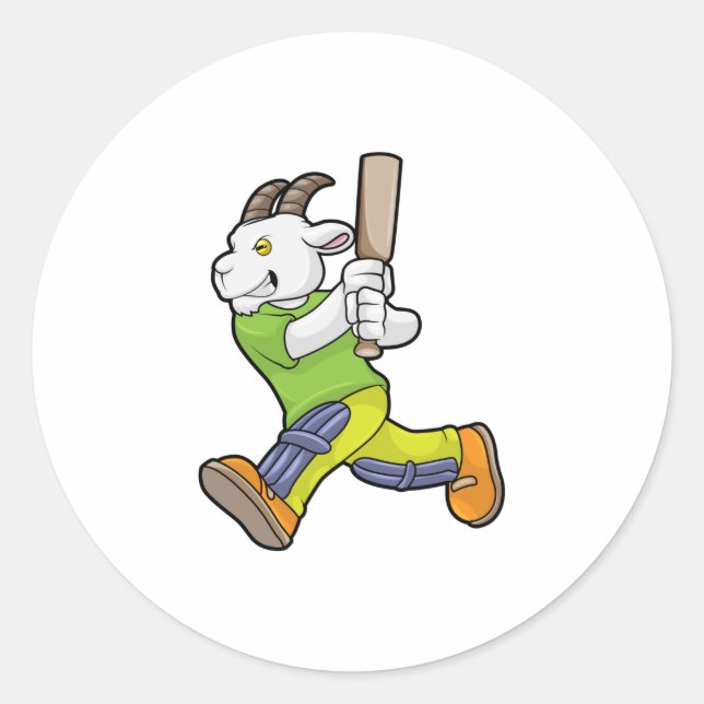 Sticker Rond Chèvre comme Batsman avec chauve-souris de cricket (Devant)
