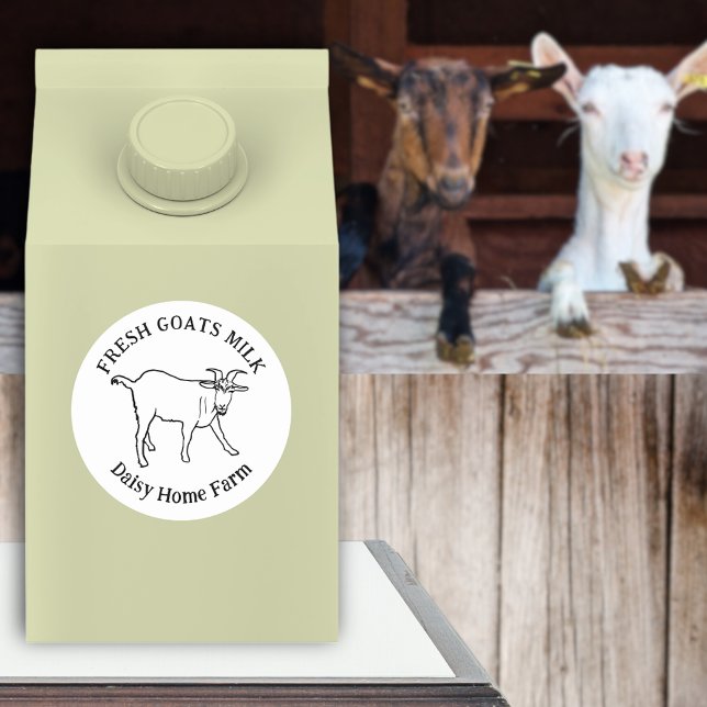 Sticker Rond Chèvre Lait Nom commercial (Fresh goats milk business name black and white sticker simple goat drawing custom typography label)