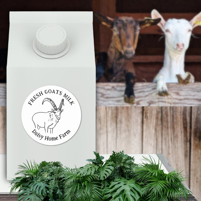 Sticker Rond Chèvres fraîches Lait ajouter Nom Noir et blanc (Simple fresh goats milk custom business black and white product label)