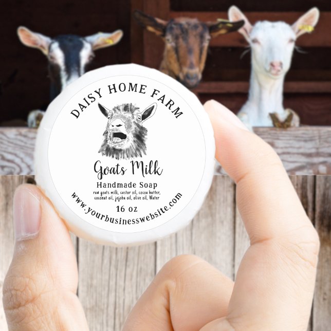 Sticker Rond Chèvres Savon de lait Drôle hurlant chèvre (Funny screaming goat drawing black and white goats milk soap custom business produce label website )