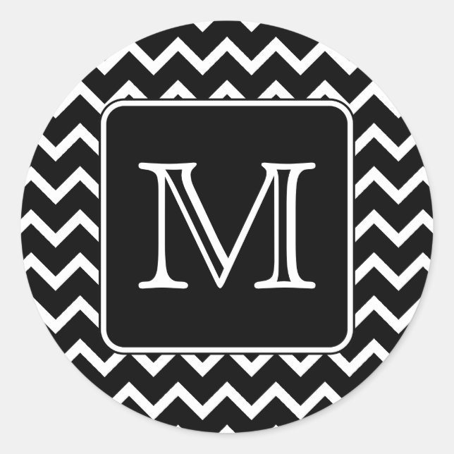 Sticker Rond Chevron noir et blanc avec Monogramme personnalisé (Devant)