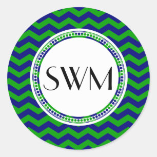 Sticker Rond Chevron personnalisé Monogramme bleu et vert