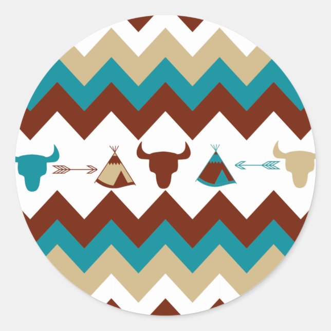 Sticker Rond Chevron Tribal Autochtone Américain Crânes Tipi Fl (Devant)
