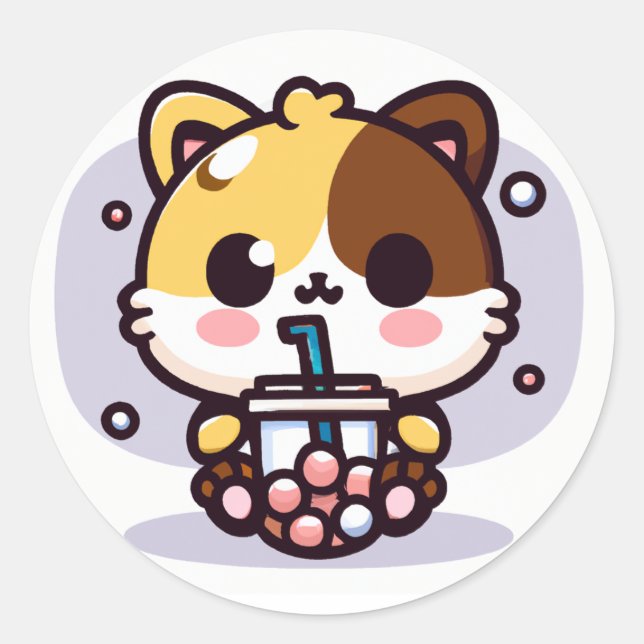 Sticker Rond Chibi Kawaii Chat Boire Bubble Thé Classique Round (Devant)