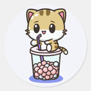 Sticker Rond Chibi Kawaii Chat Boire du thé à bulle