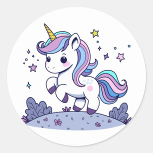 Sticker Rond Chibi Unicorne bleu violet rose
