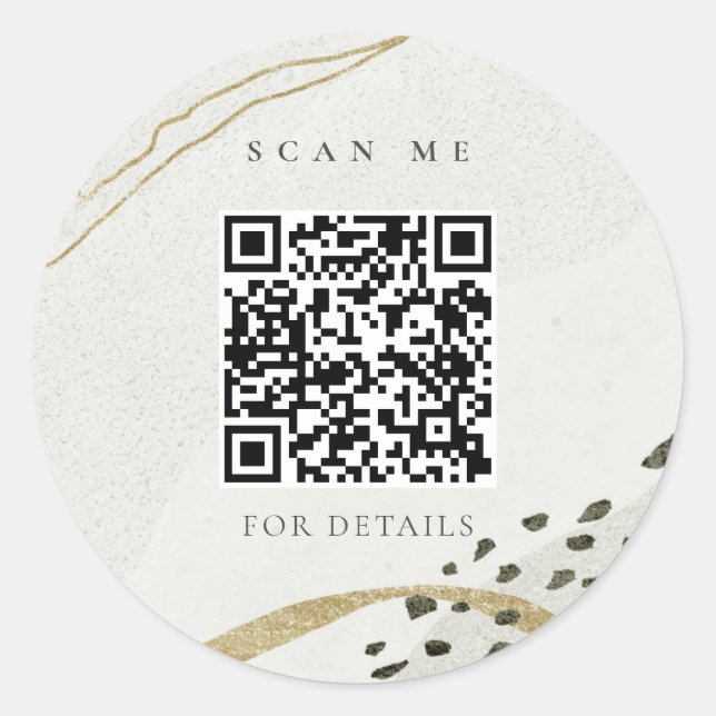 Sticker Rond Chic Abstrait ivoire or noir pierre gris QR Code (Devant)