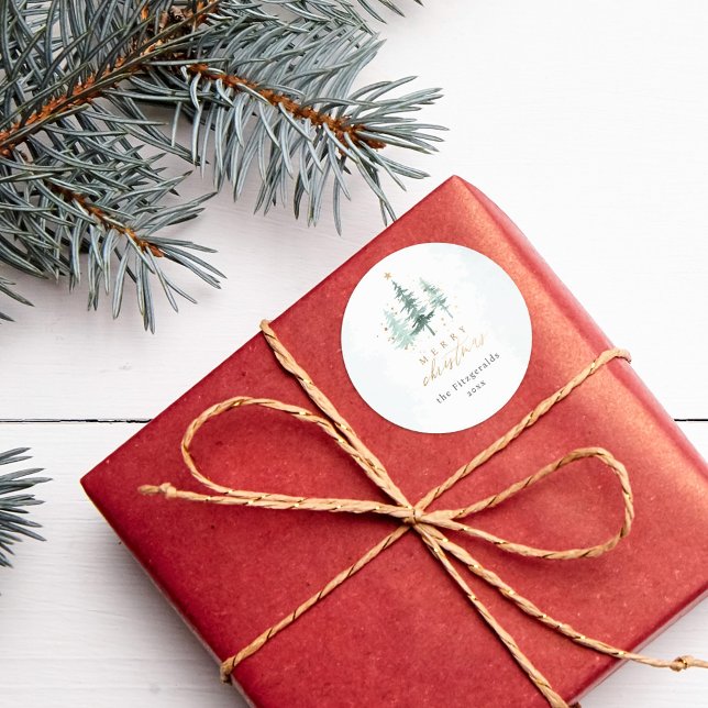 Sticker Rond Chic Aquarelle Pine Arbres Joyeux Noël (Créateur téléchargé)