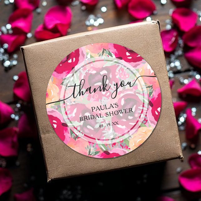 Sticker Rond Chic Aquarelle rose Fleurs Merci (Watercolor hot pink and cream  flowers thank you bridal shower round stickers)