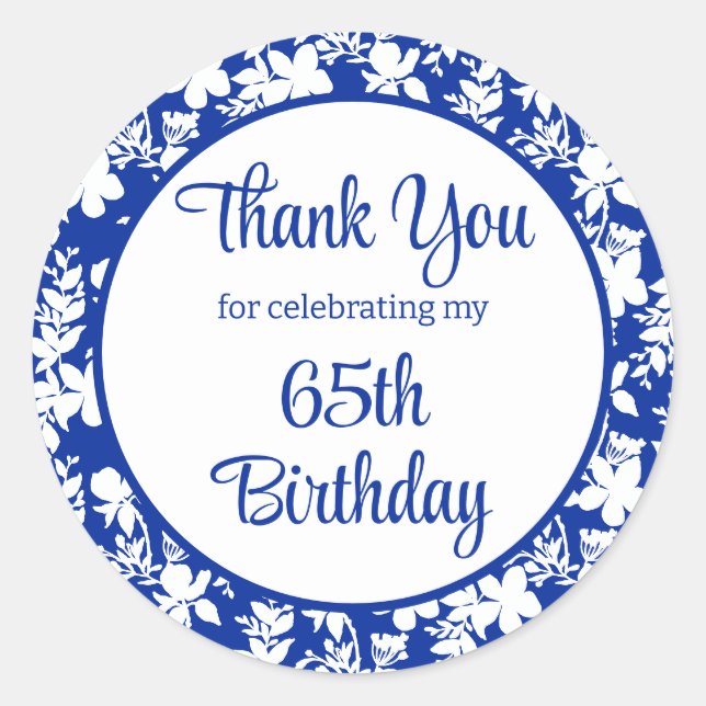 Sticker Rond Chic Bleu Blanc Floral 65e fête d'anniversaire (Devant)
