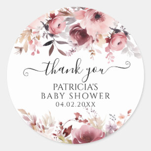 Sticker Rond Chic Blush & Bourgogne Baby shower Floral Merci
