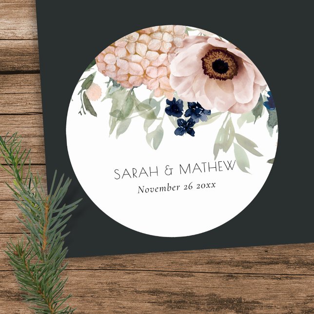 Sticker Rond Chic Blush Marine Anemone Floral Mariage Aquarelle (Créateur téléchargé)