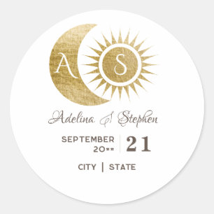 Sticker Rond Chic Céleste Blanc Or Soleil Lune Monogramme Crest