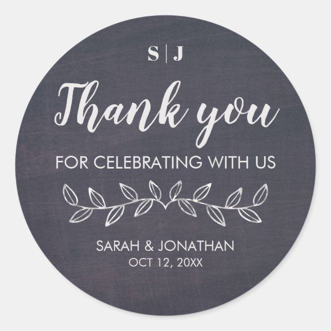 Sticker Rond Chic Chic Chalkboard Monogramme Merci Mariage Fave (Devant)