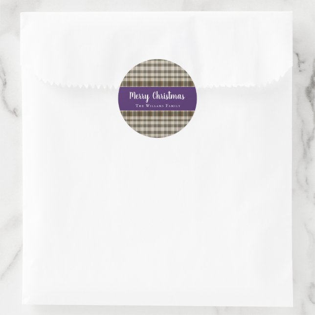 Sticker Rond Chic classique Joyeux Noël Plaid violet blanc (Sac)