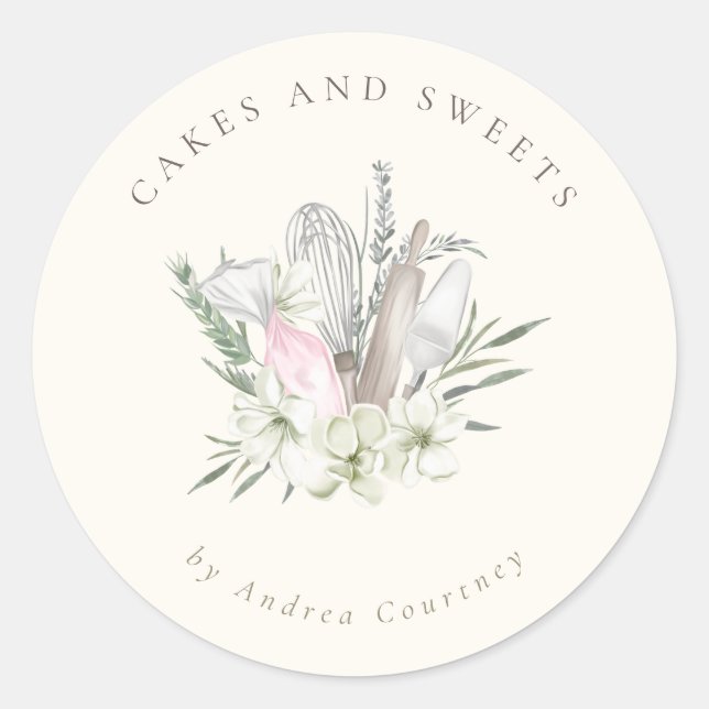 Sticker Rond Chic Floral Boulangerie Pâtisserie Chef Cuisine Us (Devant)