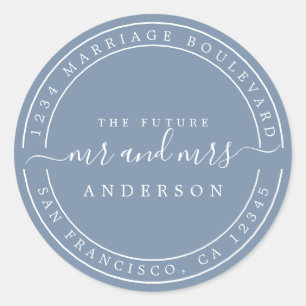 Sticker Rond Chic Future M. Mme Mariage Retour Adresse Blue