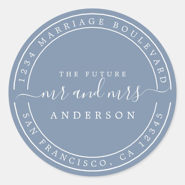 Sticker Rond Chic Future M. Mme Mariage Retour Adresse Blue (Devant)