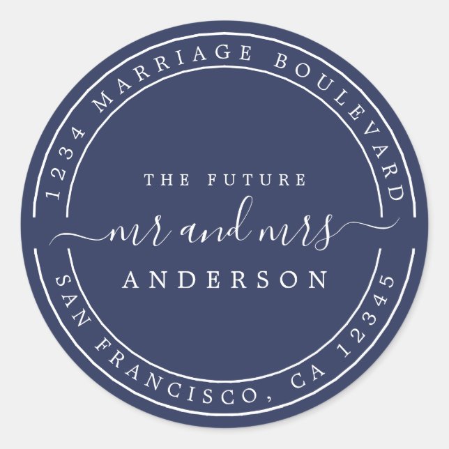 Sticker Rond Chic Future M. Mme Retour Adresse Dark Blue (Devant)