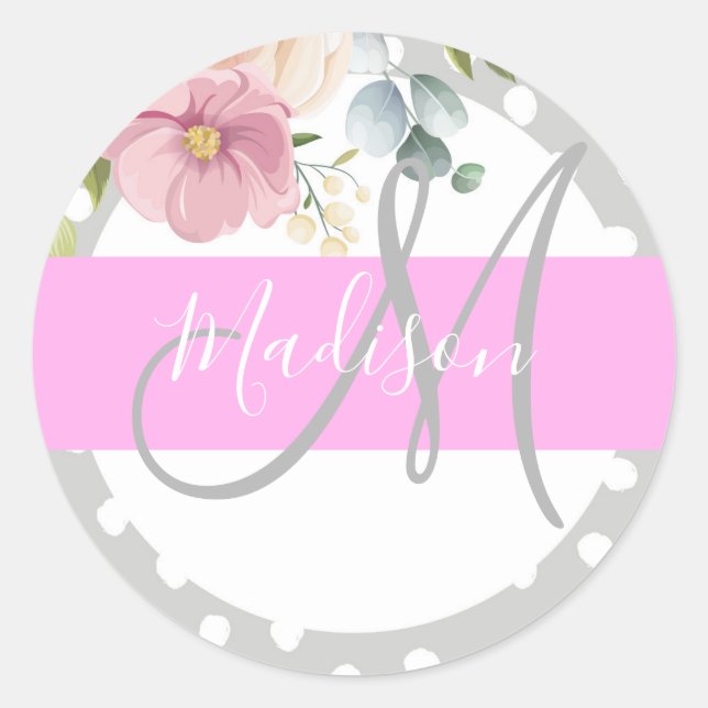 Sticker Rond Chic & Girl Floral Blanc rose Gris Nom (Devant)