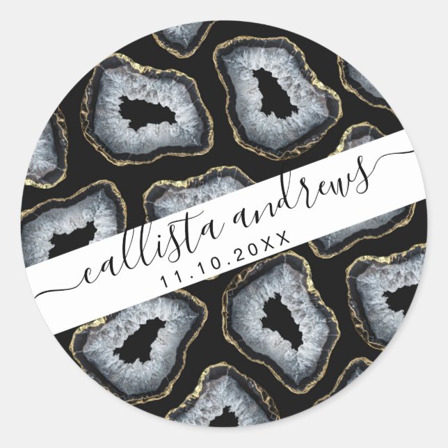 Sticker Rond Chic Gold Black White Agate Geode Stones (Devant)