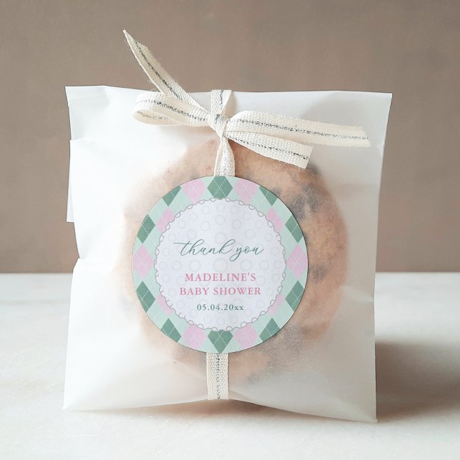 Sticker Rond Chic Golf Ball Pink Green Baby Girl Shower Favor (Pink and Green diamond argyle print golf ball baby shower favor thank you sticker for girl)