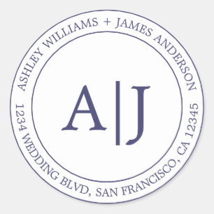 Sticker Rond Chic Mariage Monogram Adresse de retour Marine Blu