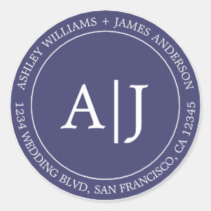 Sticker Rond Chic Mariage Monogram Adresse de retour Marine Blu