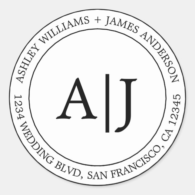 Sticker Rond Chic Mariage Monogramme Adresse de retour Noir Bla (Devant)