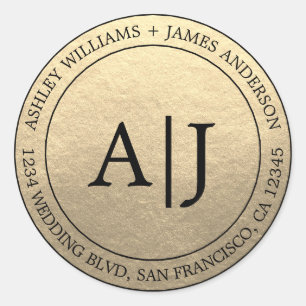 Sticker Rond Chic Monogram Mariage Adresse de retour Gold