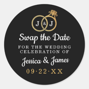 Sticker Rond Chic Monogramme Mariage Anneaux Enregistrer Ou Éch