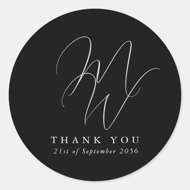 Sticker Rond Chic Monogramme moderne Mariage noir Merci (Devant)