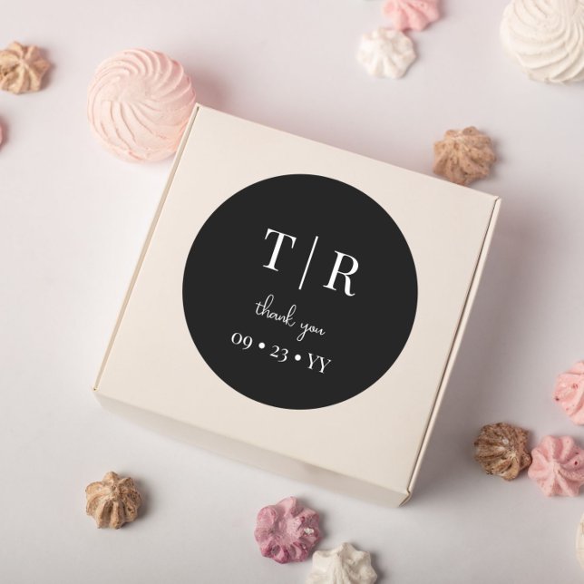 Sticker Rond Chic Monogramme noir et blanc Mariage Merci (Créateur téléchargé)