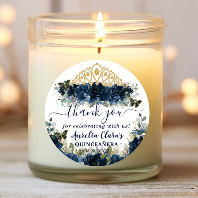 Sticker Rond Chic Navy Blue Floral Roses papillons Favoriser (Créateur téléchargé)