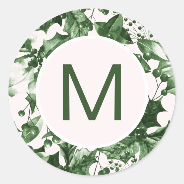Sticker Rond Chic Noël Green Holly Imprimer Monogramme (Devant)