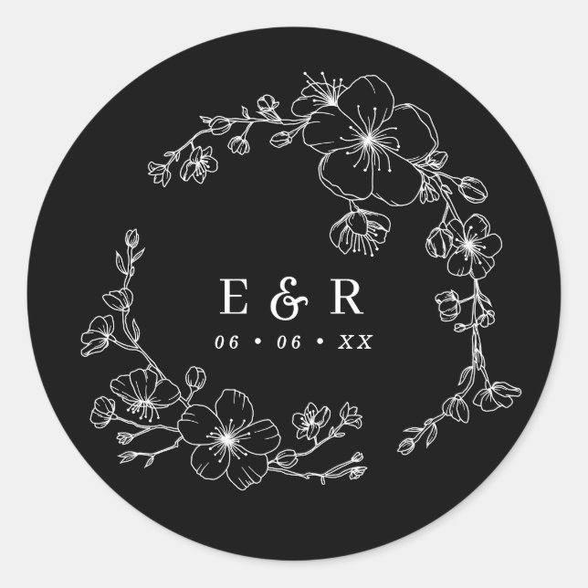 Sticker Rond Chic noir et blanc Mariage de monogramme en fleurs (Devant)
