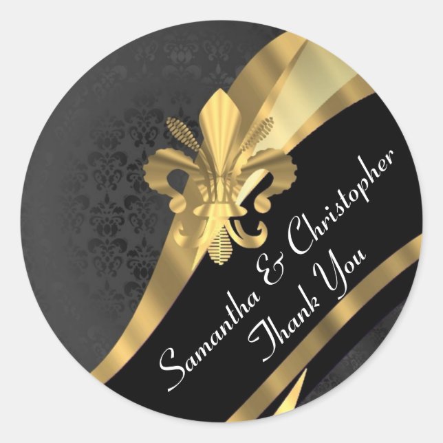 Sticker Rond Chic or et noir mariage damassé phoque (Devant)