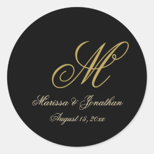 Sticker Rond Chic or Monogramme Mariage noir