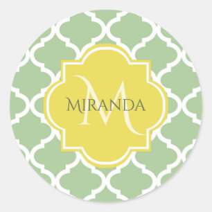 Sticker Rond Chic Pastel Green Quatrefoil Jaune Nom Monogramme