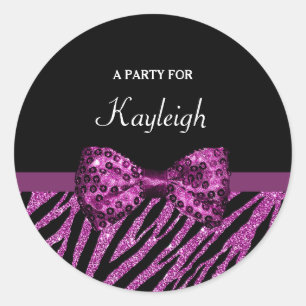 Sticker Rond Chic Purple Zebra Print FAUX Glitz Bow avec nom