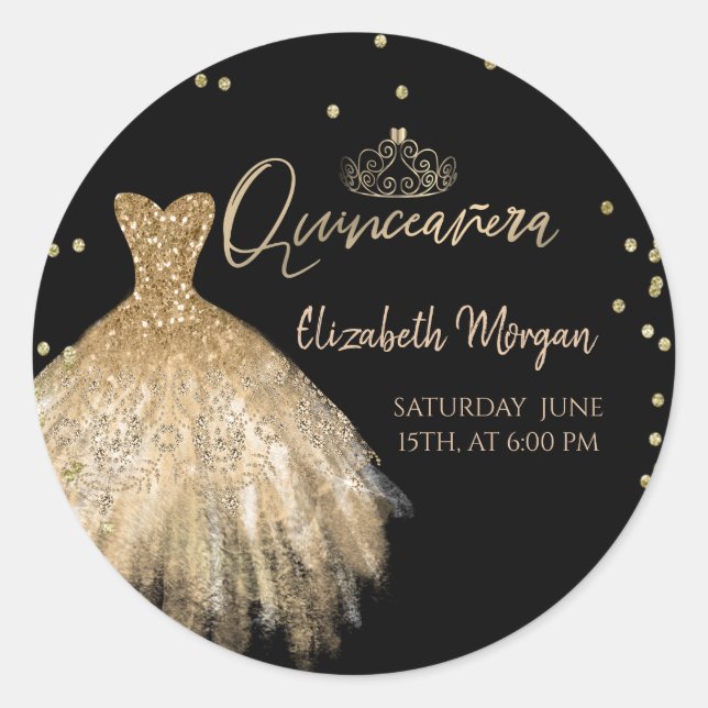 Sticker Rond Chic Robe Or Tiara, Diamonds Black Quinceañera (Devant)