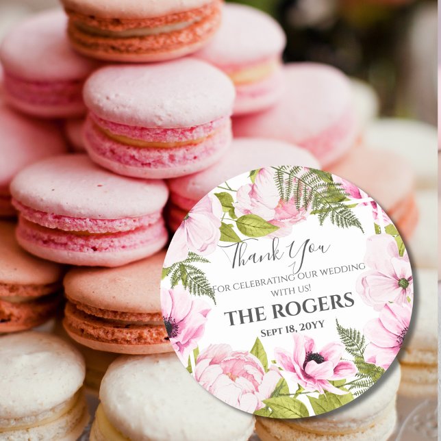 Sticker Rond Chic rose Aquarelle Merci Floral (Créateur téléchargé)