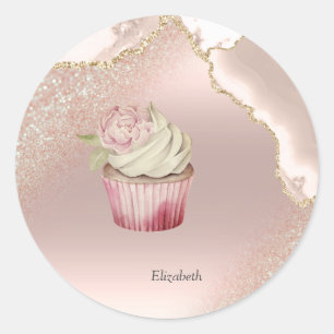 Sticker Rond Chic Rose Parties scintillant or Marble Cupcake