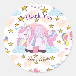 Sticker Rond Chic rose violet or étoile Unicorn Nom Merci