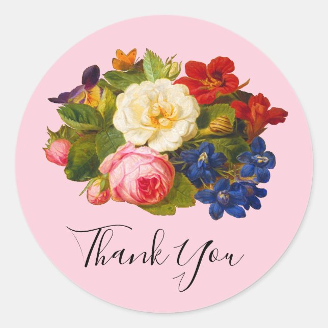 Sticker Rond Chic Roses Blanches Rouge Orange Bleu Papillon Flo (Devant)