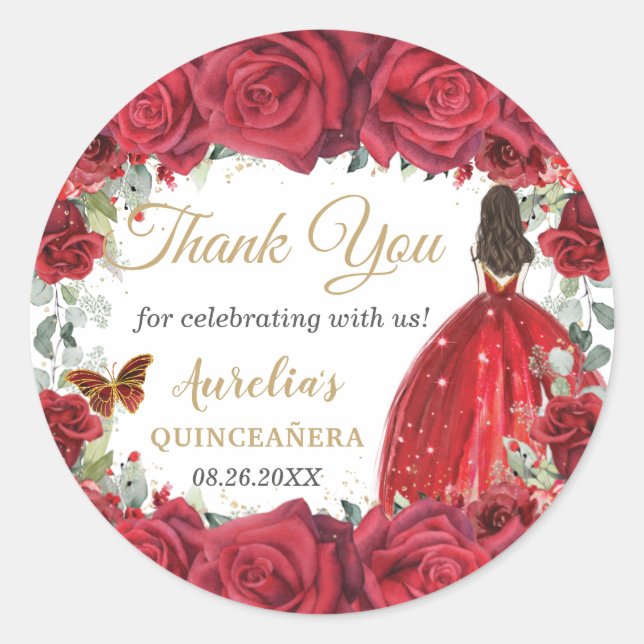 Sticker Rond Chic Roses Rouges Papillons Floraux Princesse Favo (Devant)
