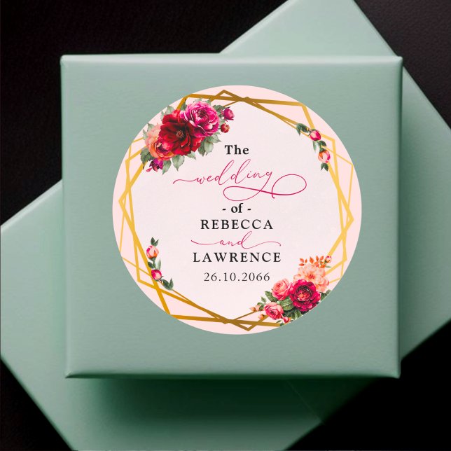 Sticker Rond Chic rouge rose floral et faux mariage or (Créateur téléchargé)