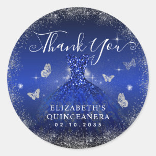 Sticker Rond Chic Royal Blue Argent Gown Quinceañera Merci