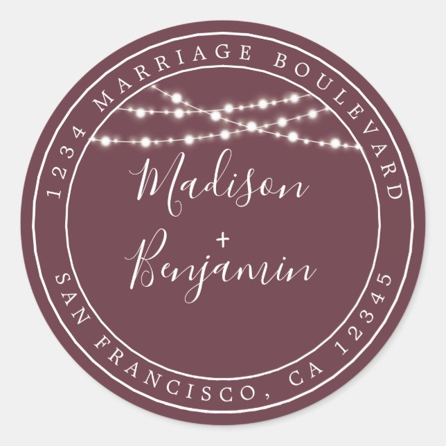 Sticker Rond Chic Rustic Lights Mariage Bourgogne Adresse de re (Devant)
