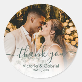 Sticker Rond Chic Sage Green Script Mariage Photo Merci